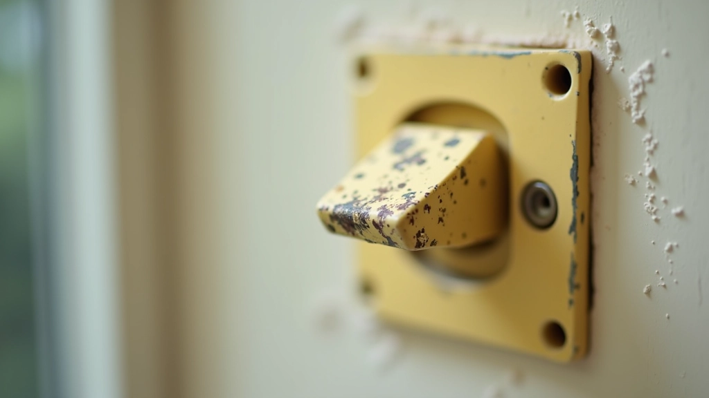 Close-up of a damaged light switch with cracked plastic cover plate showing age and wear