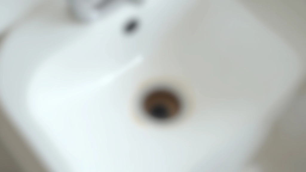 Bathroom sink drain with visible blockage showing hair and debris buildup inside the drain opening