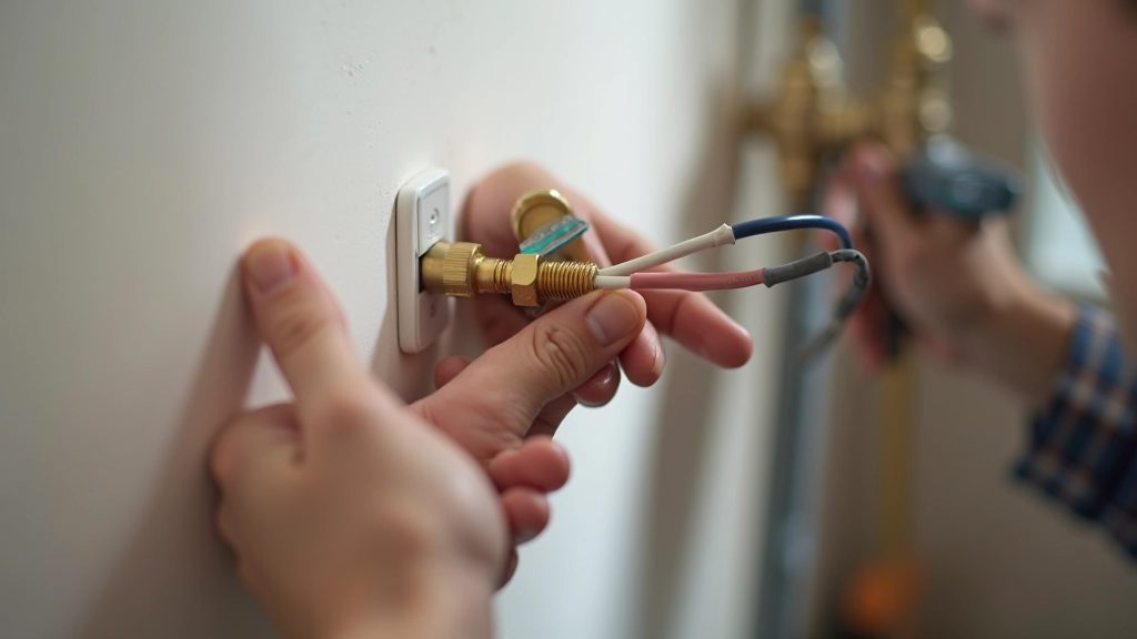 Electrician's hands carefully connecting wires to brass terminals on a new light switch installation