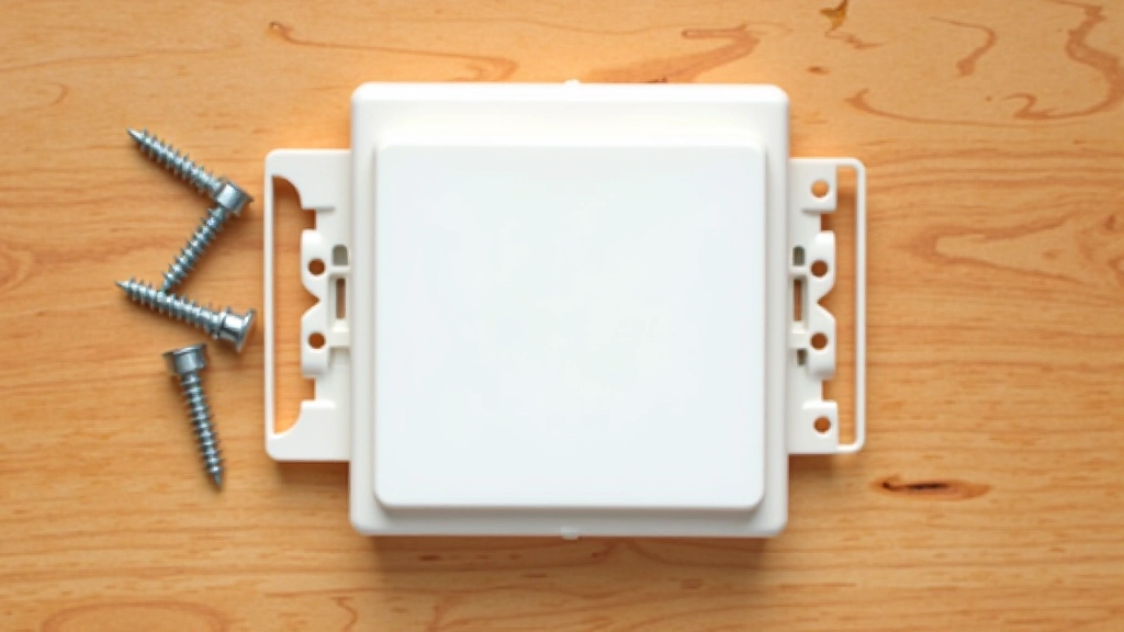New white plastic switch cover plate and mounting hardware laid out before installation on wall