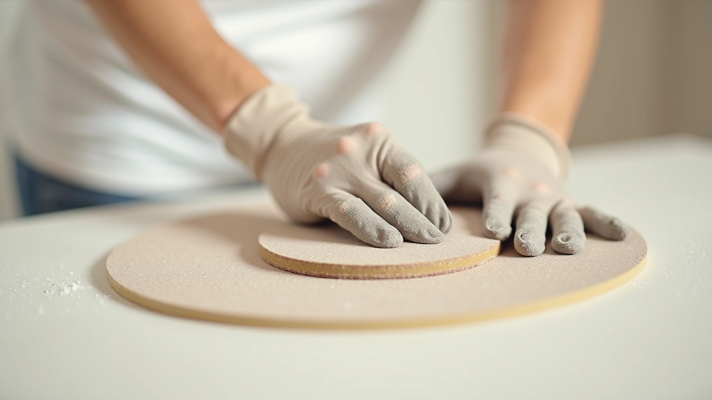 Hand sanding drywall with sandpaper in circular motion, dust visible in light, protective gloves worn, close-up detail of surface texture