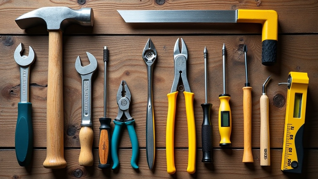 Hand tools organized on wooden workbench surface in orderly arrangement