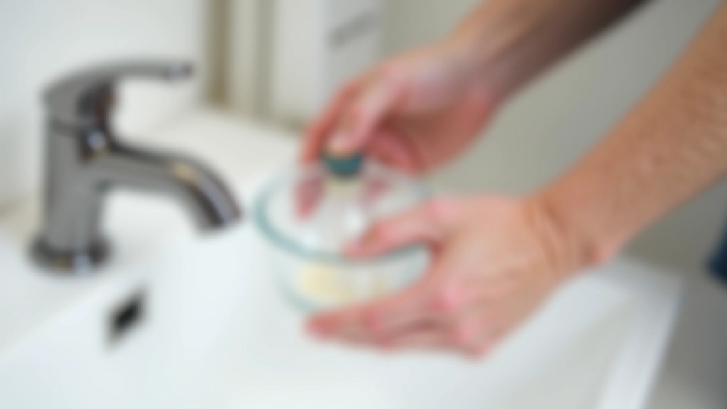 Hands demonstrating cleaning a tap aerator by soaking it in white vinegar solution in a small glass bowl