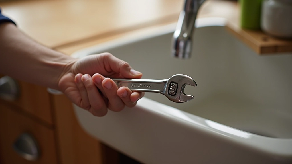 Hands holding adjustable wrench near plumbing fixture with water droplets visible