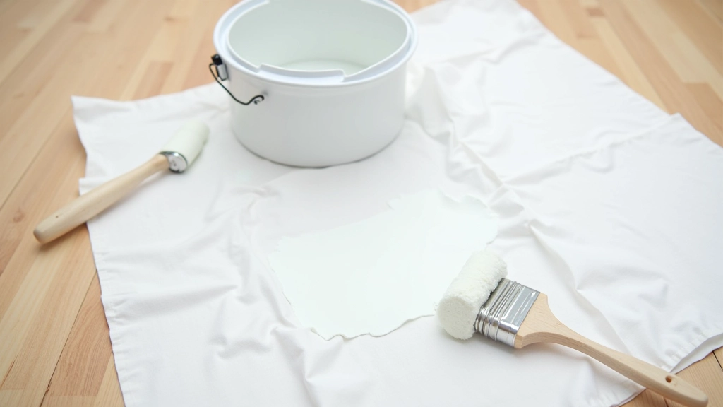 Open paint tin with white interior, paint roller and brush resting on edge, drop cloth visible on wooden floor