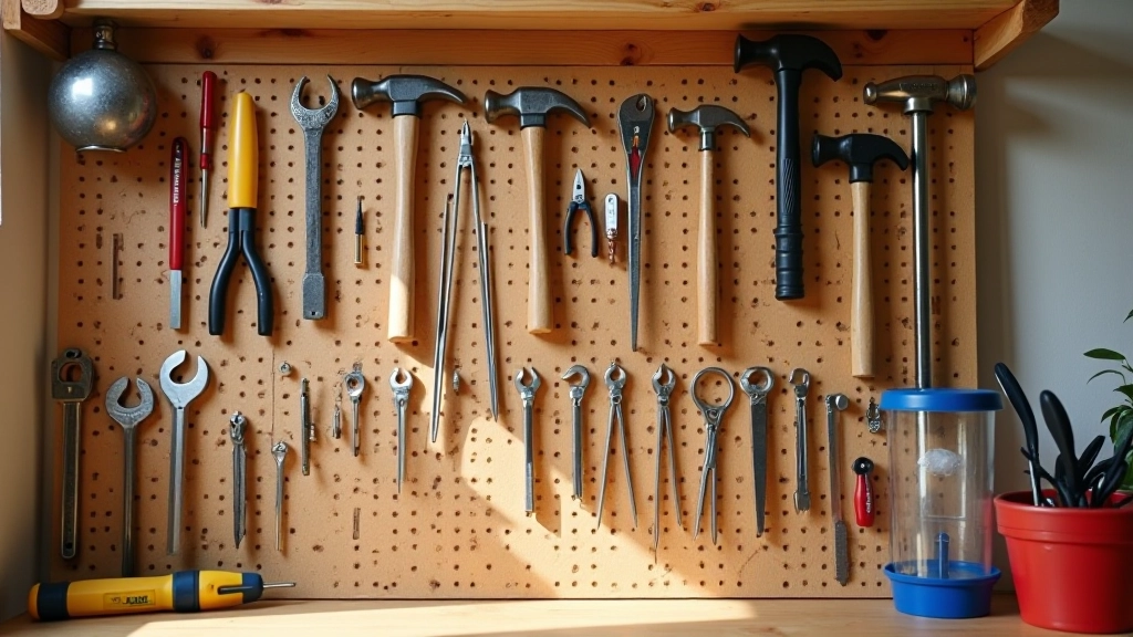 Organized tool storage with tools hanging on a pegboard wall in a neat workshop setup