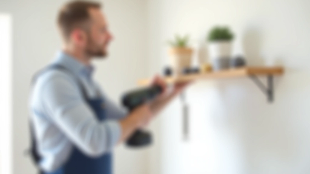 Person using a cordless drill to hang a shelf on an interior wall in a modern living room