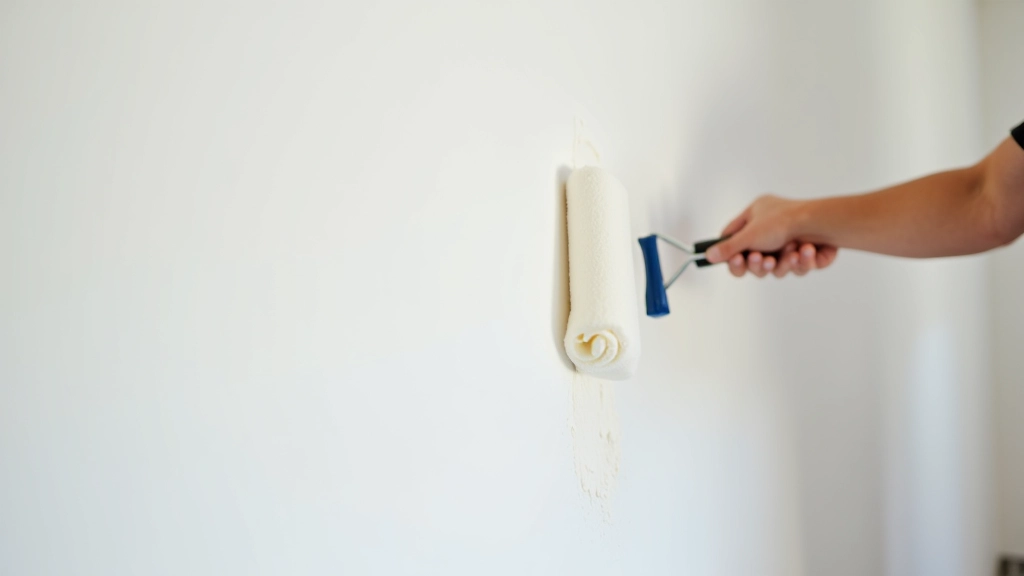 Primer being applied to prepared wall with paint roller, even coverage, clean white primer, drop cloth protecting floor, natural daylight