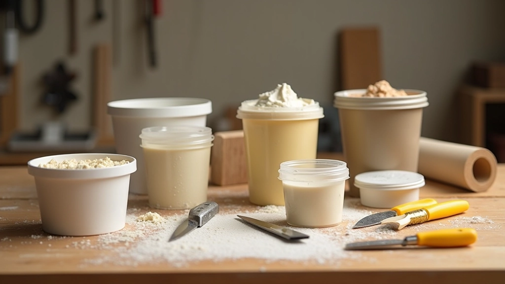 Various wall filler products and tools laid out on workbench: spackling compound, joint compound, putty knife, sandpaper, organized neatly with good lighting