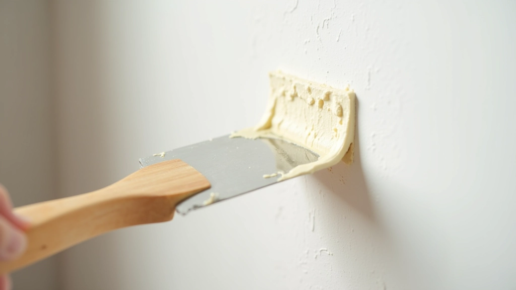 Close-up of spackling compound applied to wall crack, putty knife smoothing surface, bright natural light showing texture detail