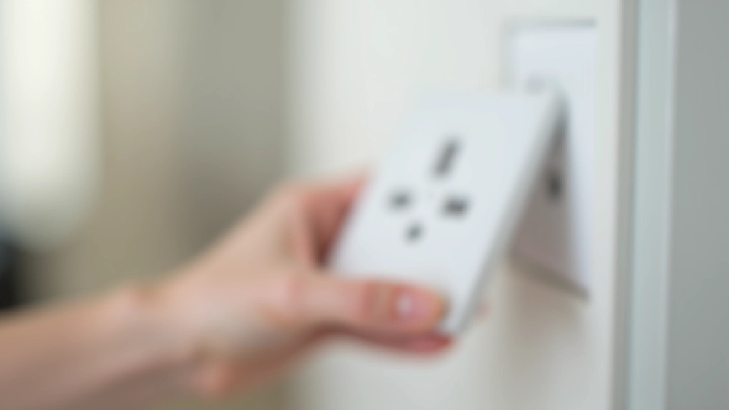Hand holding a modern white socket cover plate positioned next to an electrical outlet ready for installation