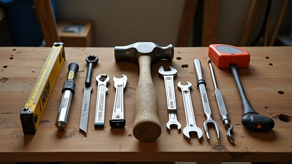 Basic hand tools including hammer, screwdrivers, adjustable wrench, and pliers arranged neatly on a workbench